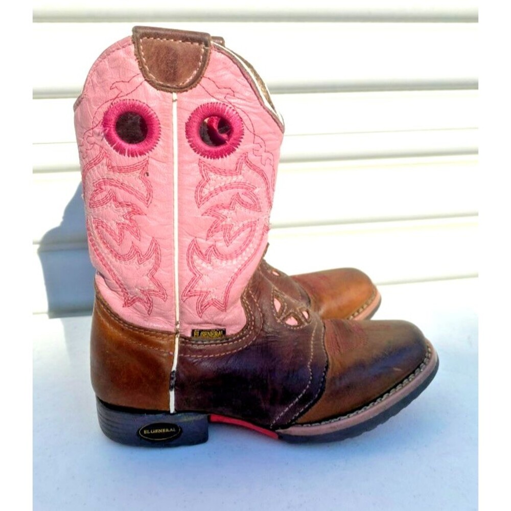 El General Girls Western Mid-Calf Pink Leather Embroidered Cowgirl Boots Sz 9.5T
